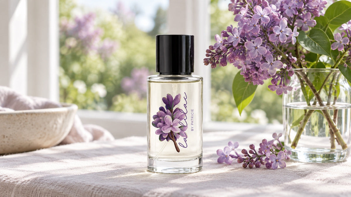 Parfém La Lilac by Patricie se skutečným šeříkem v jemném denním světle.