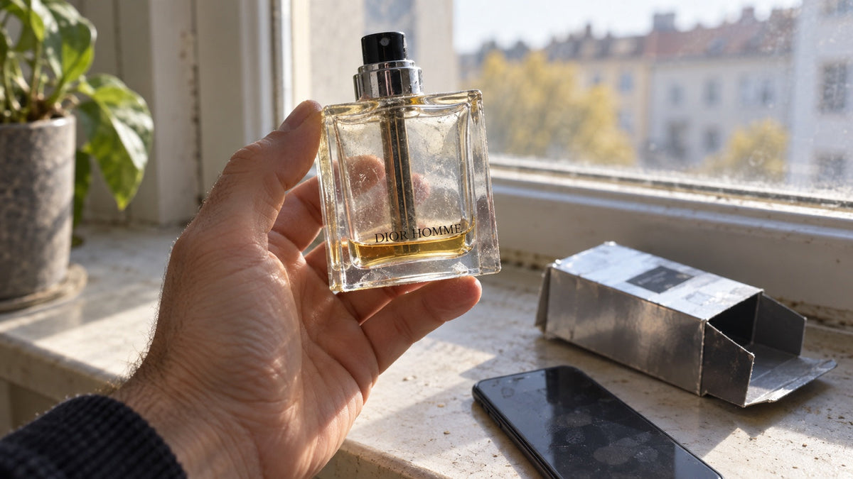 Téměř prázdný flakon původního Dior Homme proti světlu okna