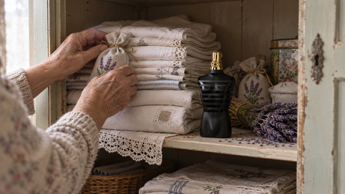 Le Male Le Parfum v babiččině skříni s levandulovými pytlíčky