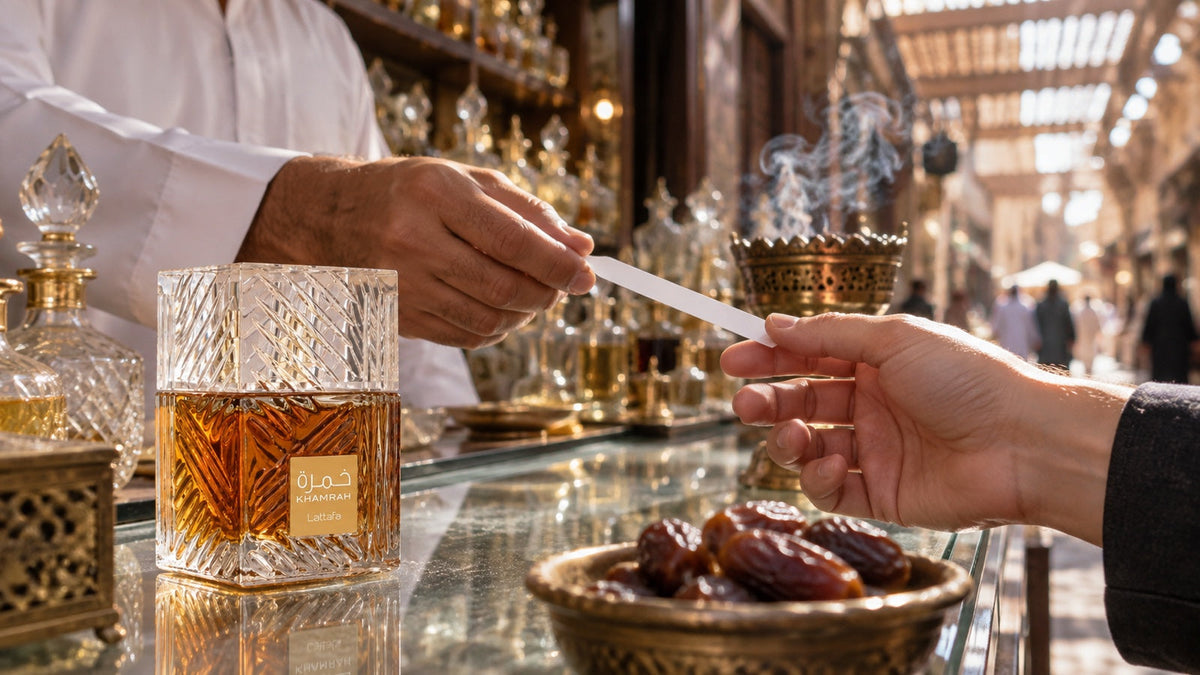 Lattafa Khamrah na pultu v parfémovém souku v Dubaji