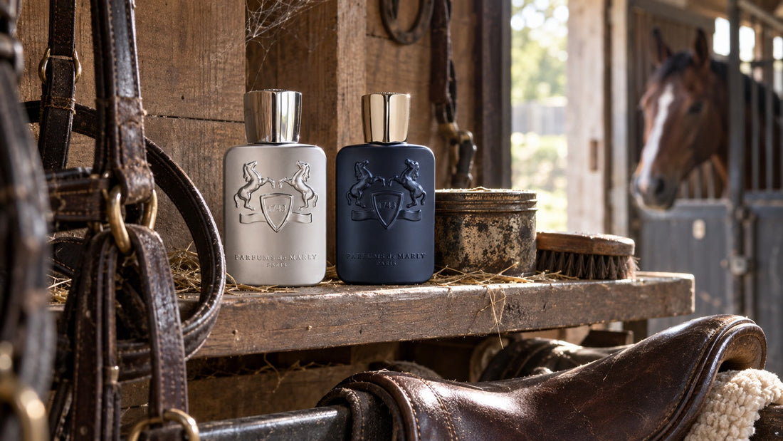 Parfums de Marly Pegasus a Layton v sedlovně stáje, v pozadí kůň