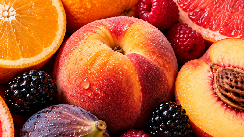 Makro detail šťavnatého ovoce s broskví, citrusy a bobulemi.