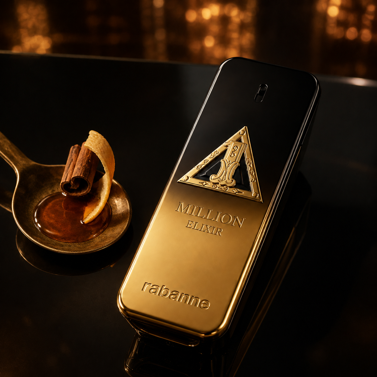 Rabanne 1 Million Night Elixir v černozlatém večerním zátiší se skořicí a javorovým sirupem – MrRizz