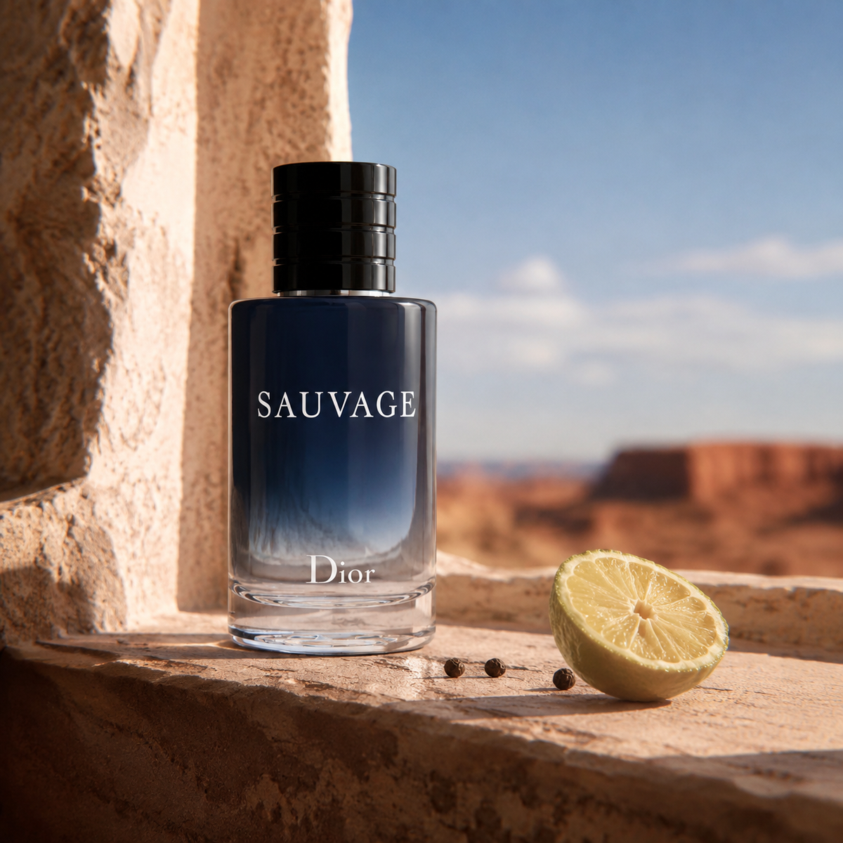 Dior Sauvage EDT na pískovcové římse s bergamotem v pouštním světle – MrRizz
