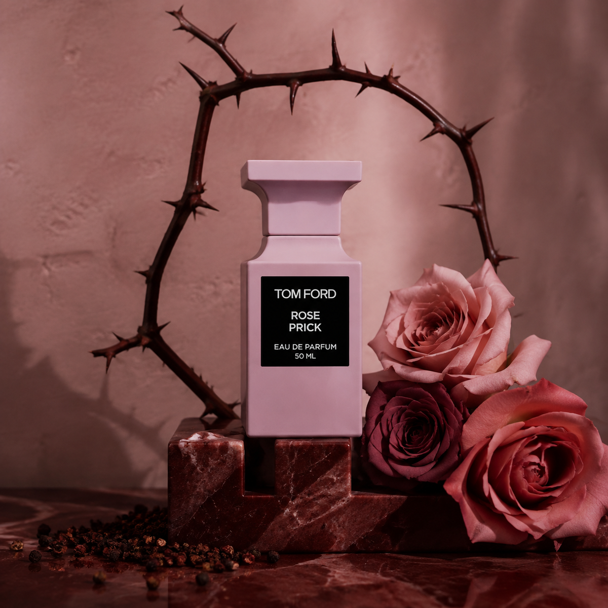 Tom Ford Rose Prick EDP v zátiší s růžemi, trnitými stonky a růžovým pepřem – MrRizz