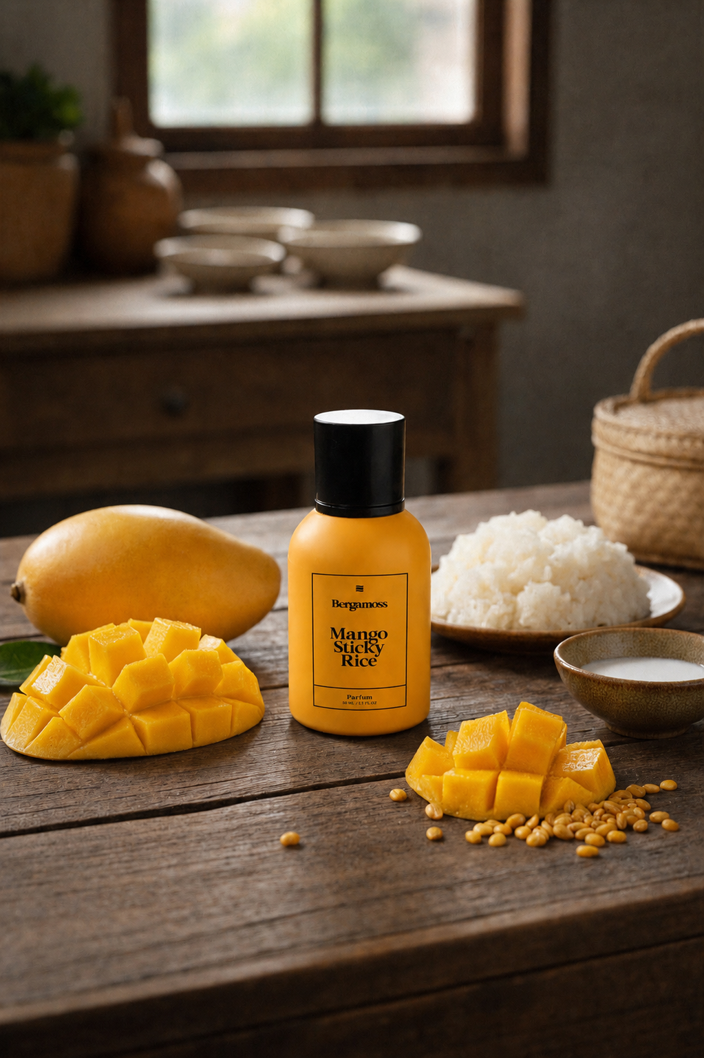 Bergamoss Mango Sticky Rice na dřevěném stole s mangem, rýží a miskou kokosového mléka – MrRizz