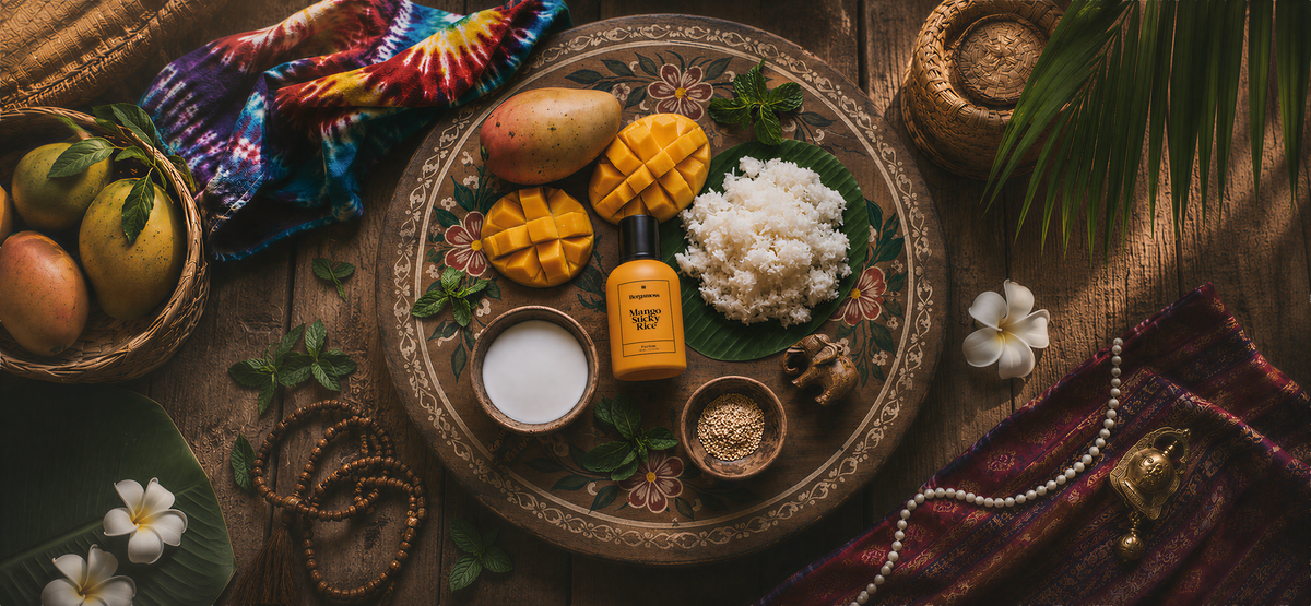 Bergamoss Mango Sticky Rice na zdobeném tácu s mangem, rýží a kokosovým mlékem – MrRizz
