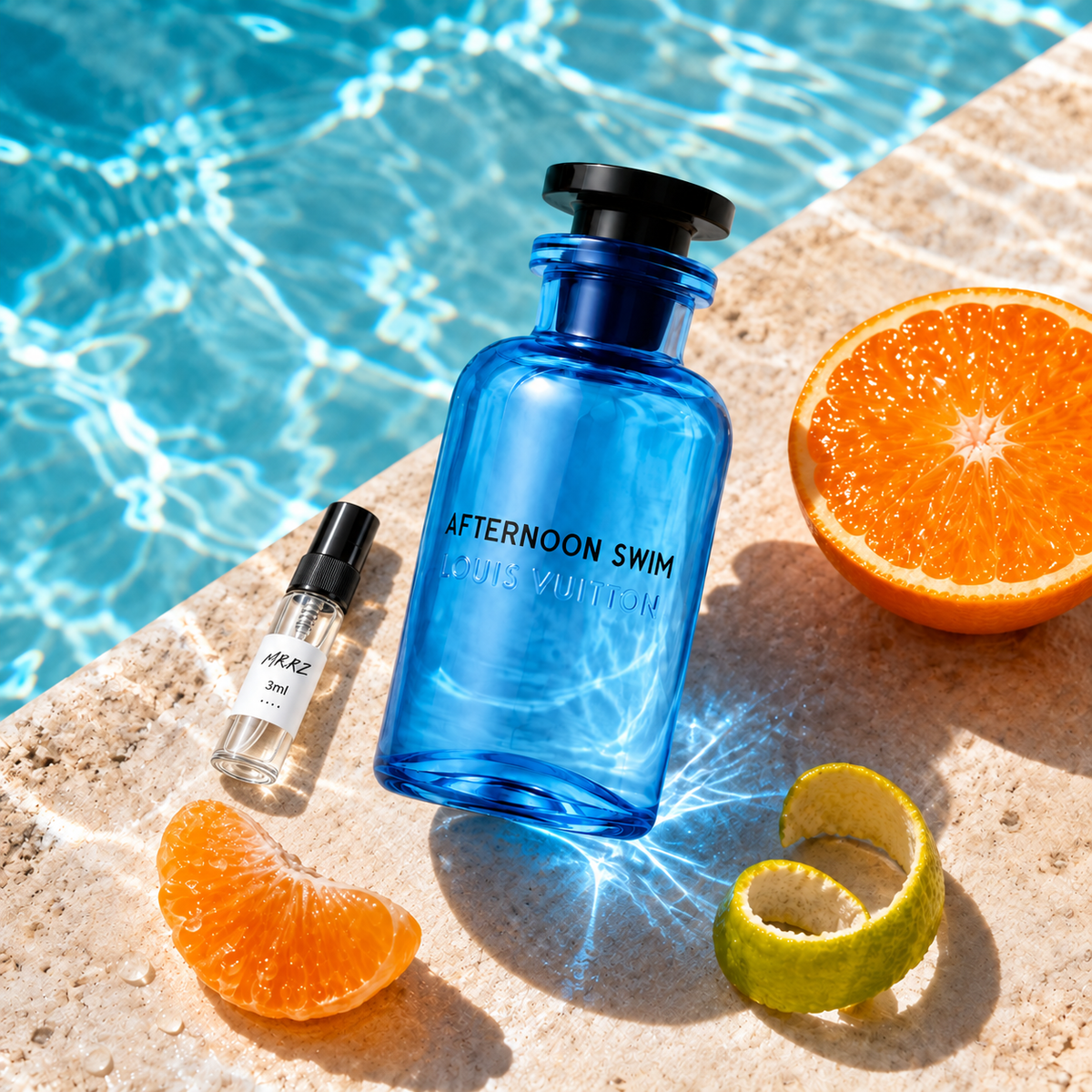 Louis Vuitton Afternoon Swim a lahvička vzorku MrRizz u bazénu s citrusy
