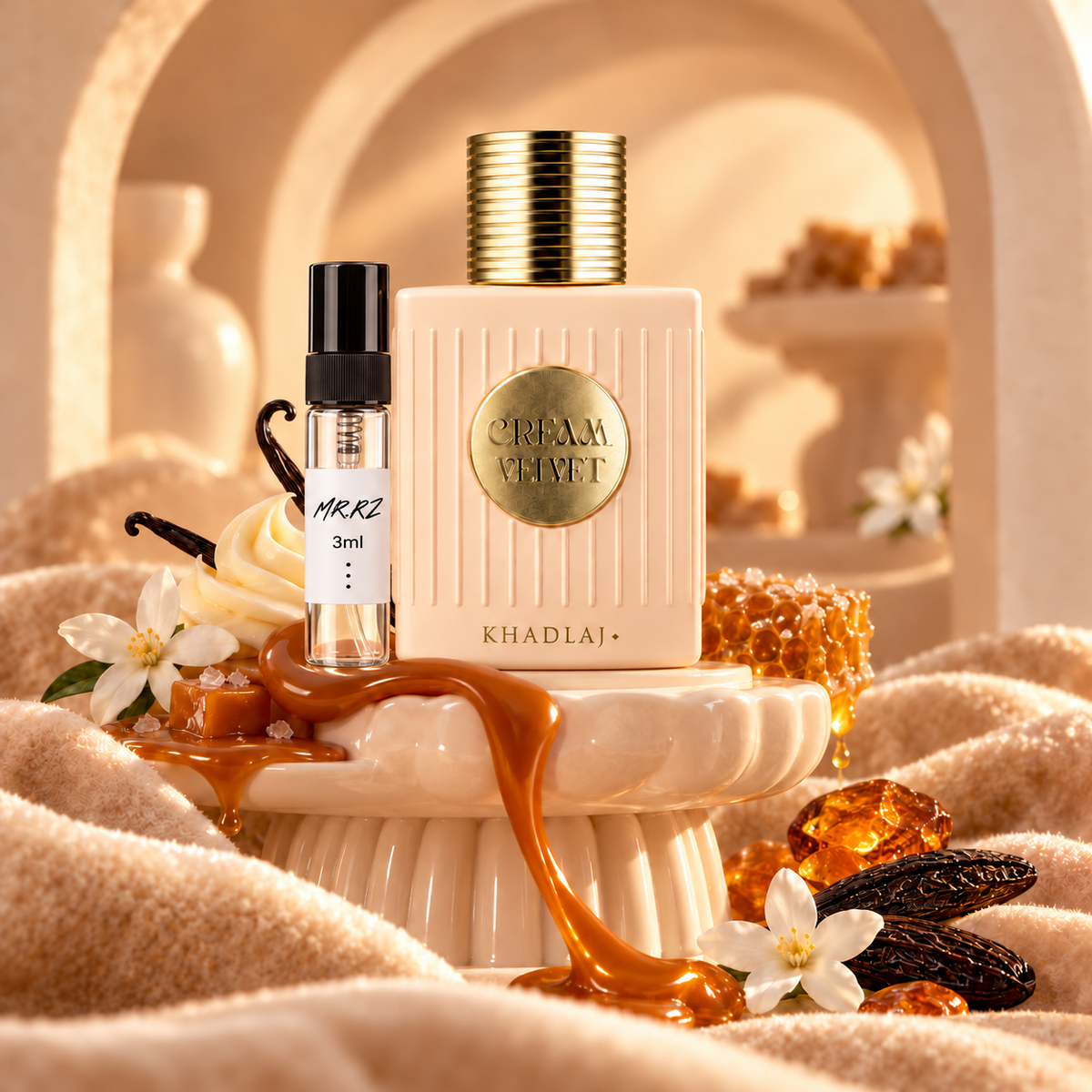 Khadlaj Cream Velvet – původní prostředí s lahvičkou vzorku MrRizz