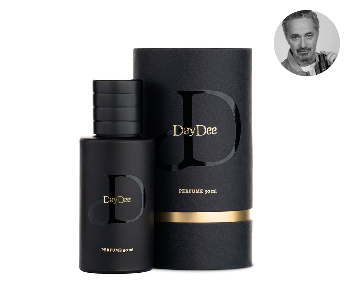 DayDee by Martin Dejdar, černý flakon vedle černo-zlatého válcového balení – MrRizz
