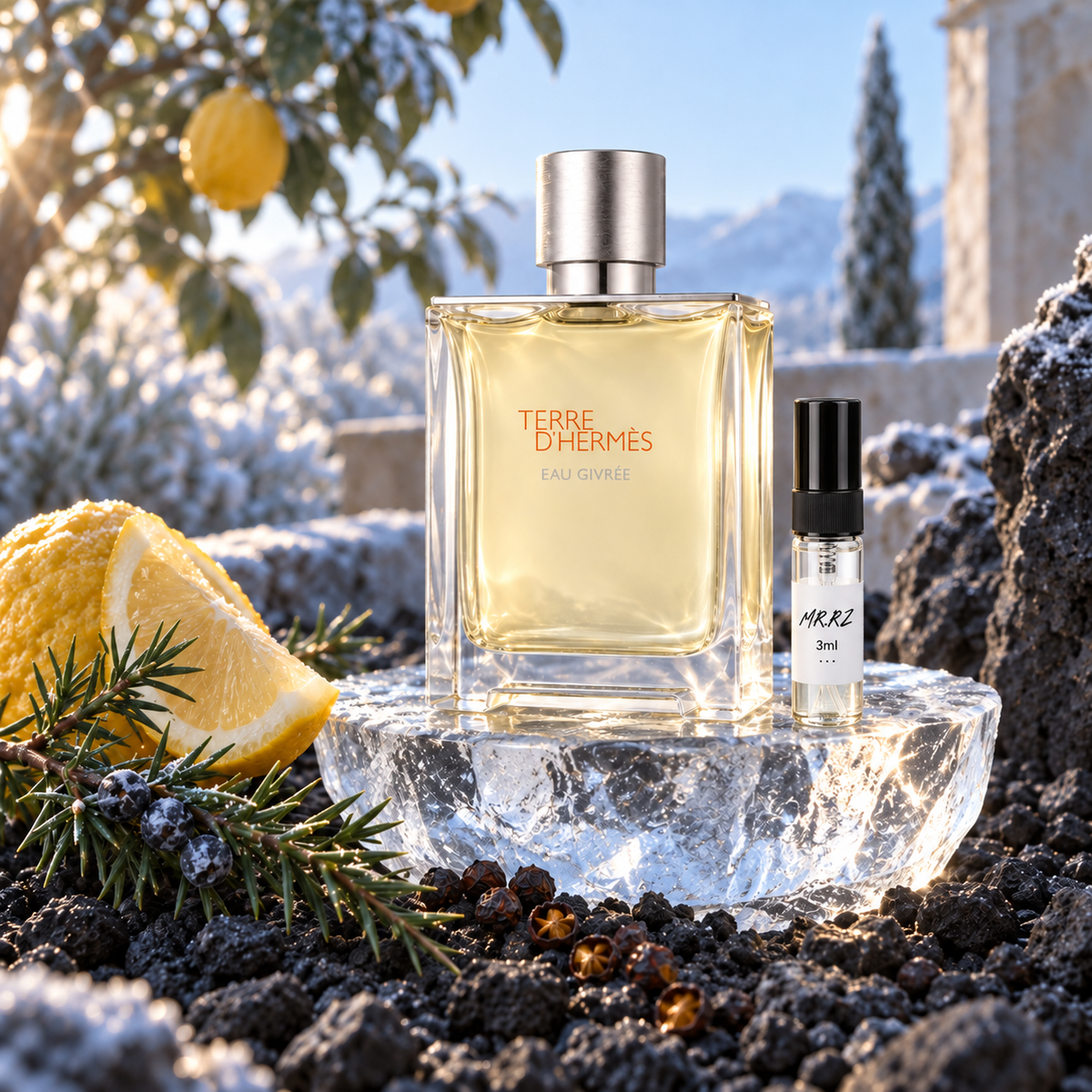 Hermès Terre d'Hermès Eau Givrée EDP – původní prostředí s lahvičkou vzorku MrRizz