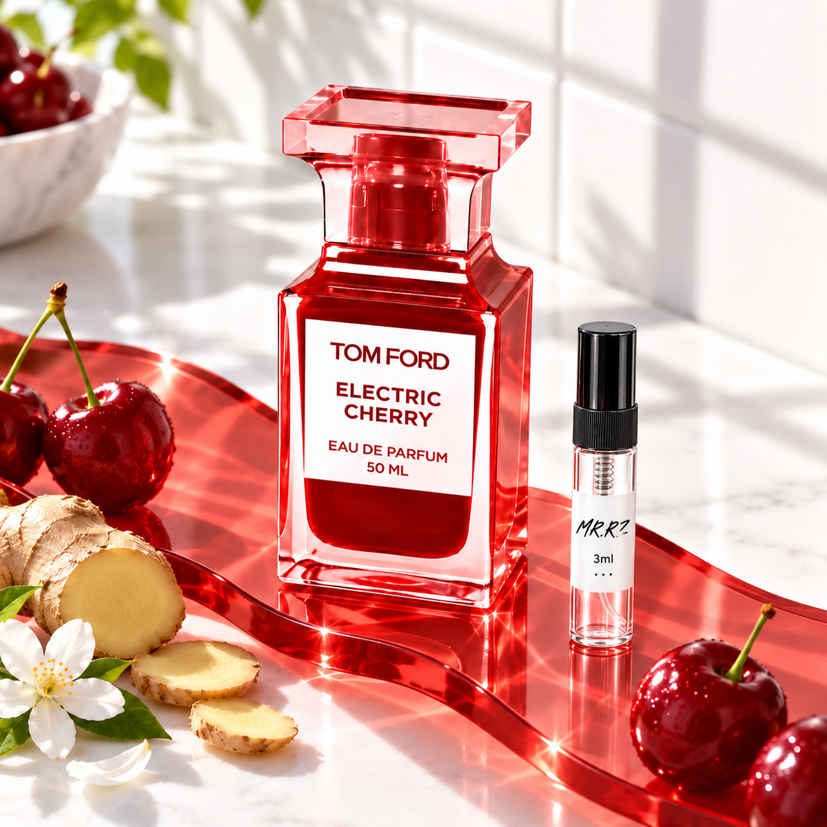 Tom Ford Electric Cherry – původní prostředí s lahvičkou vzorku MrRizz