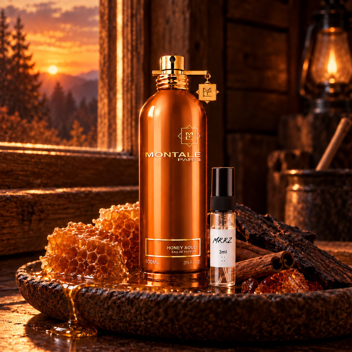 Montale Honey Aoud – původní prostředí s lahvičkou vzorku MrRizz