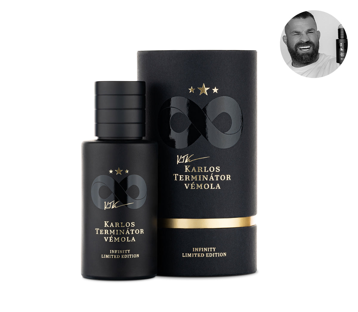 KTV Infinity Edition, černý flakon se symbolem nekonečna vedle válcového balení – MrRizz