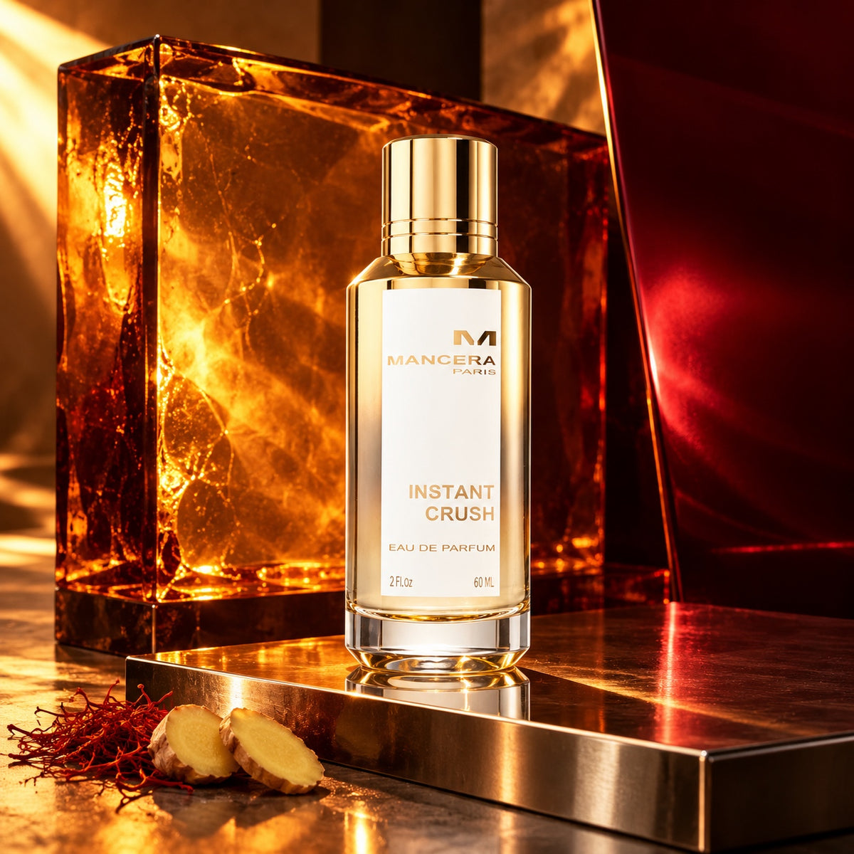 Mancera Instant Crush EDP 60 ml ve zlatavém zátiší se šafránem a zázvorem – MrRizz