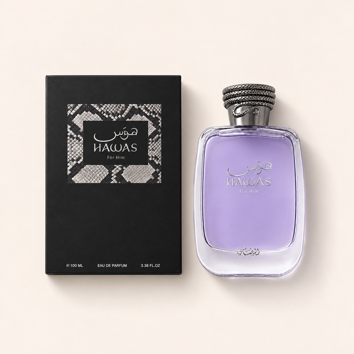 Rasasi Hawas For Him EDP 100 ml – flakon s originálním obalem na béžovém pozadí – MrRizz