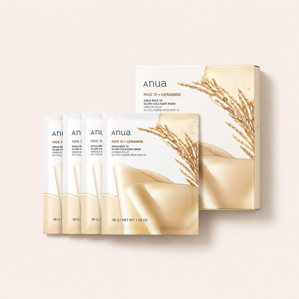 Anua Rice + Ceramide 70 Glow Collagen Mask 4x38 ml – titulní produktová fotografie – MrRizz