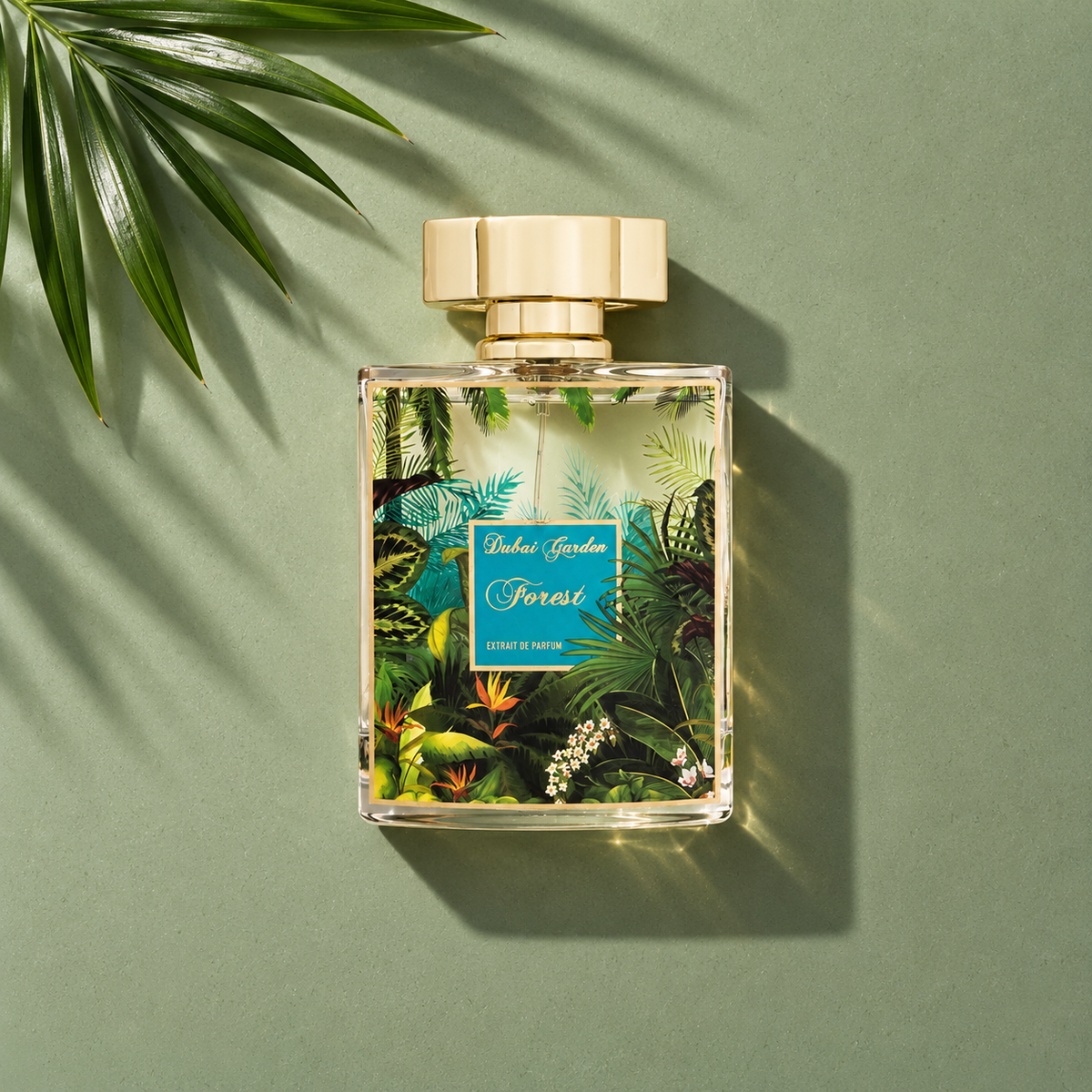 Dubai Garden Forest 100 ml – parfém v prostředí, pohled shora s bočním stínem