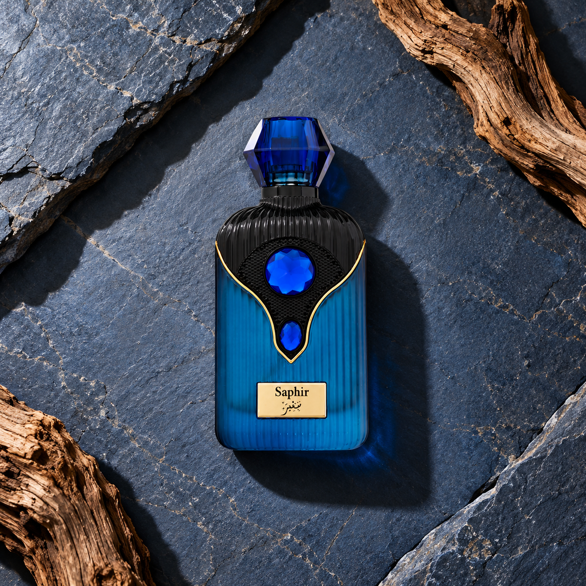 Assala Prime Saphir 100 ml – parfém v prostředí, pohled shora s bočním stínem