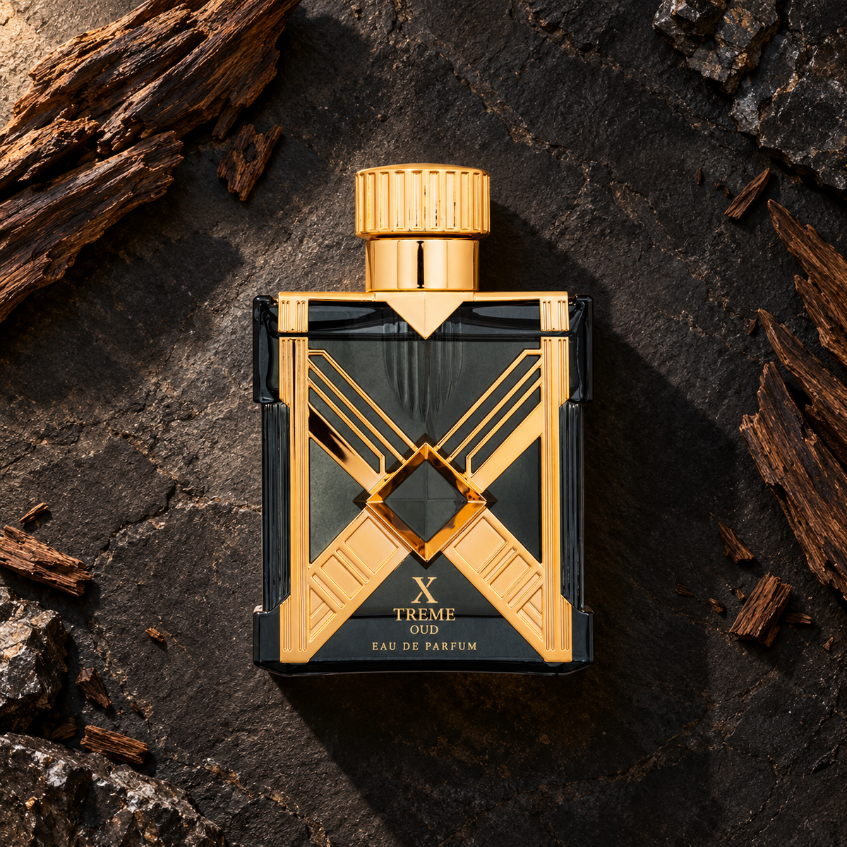 Assala Prime X Treme Oud 100 ml – parfém v prostředí, pohled shora s bočním stínem