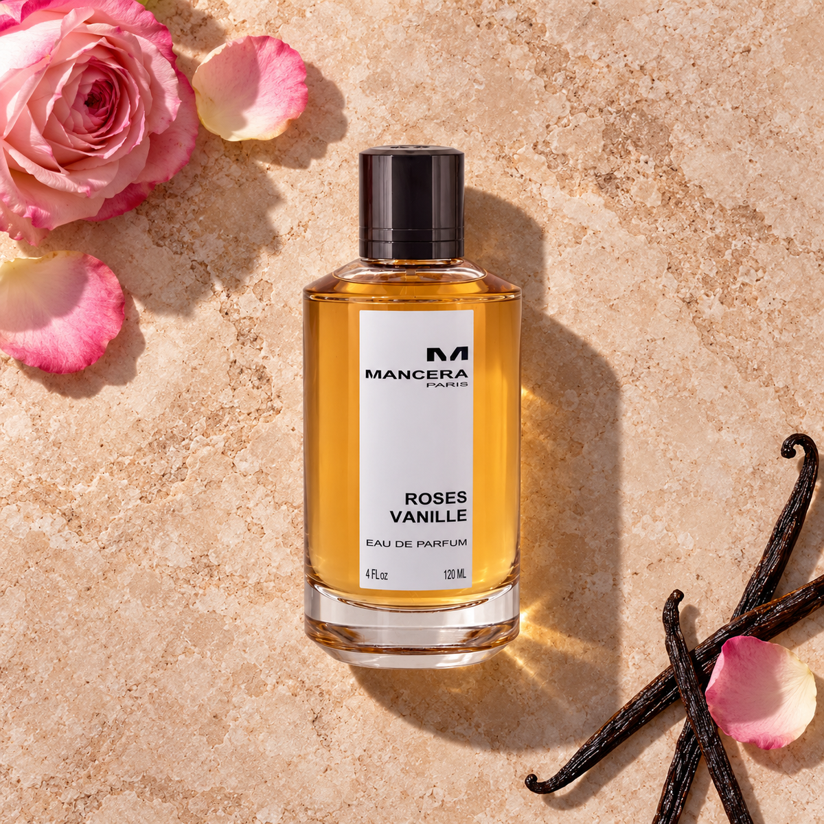 MANCERA Roses Vanille 120 ml – parfém v prostředí, pohled shora s bočním stínem