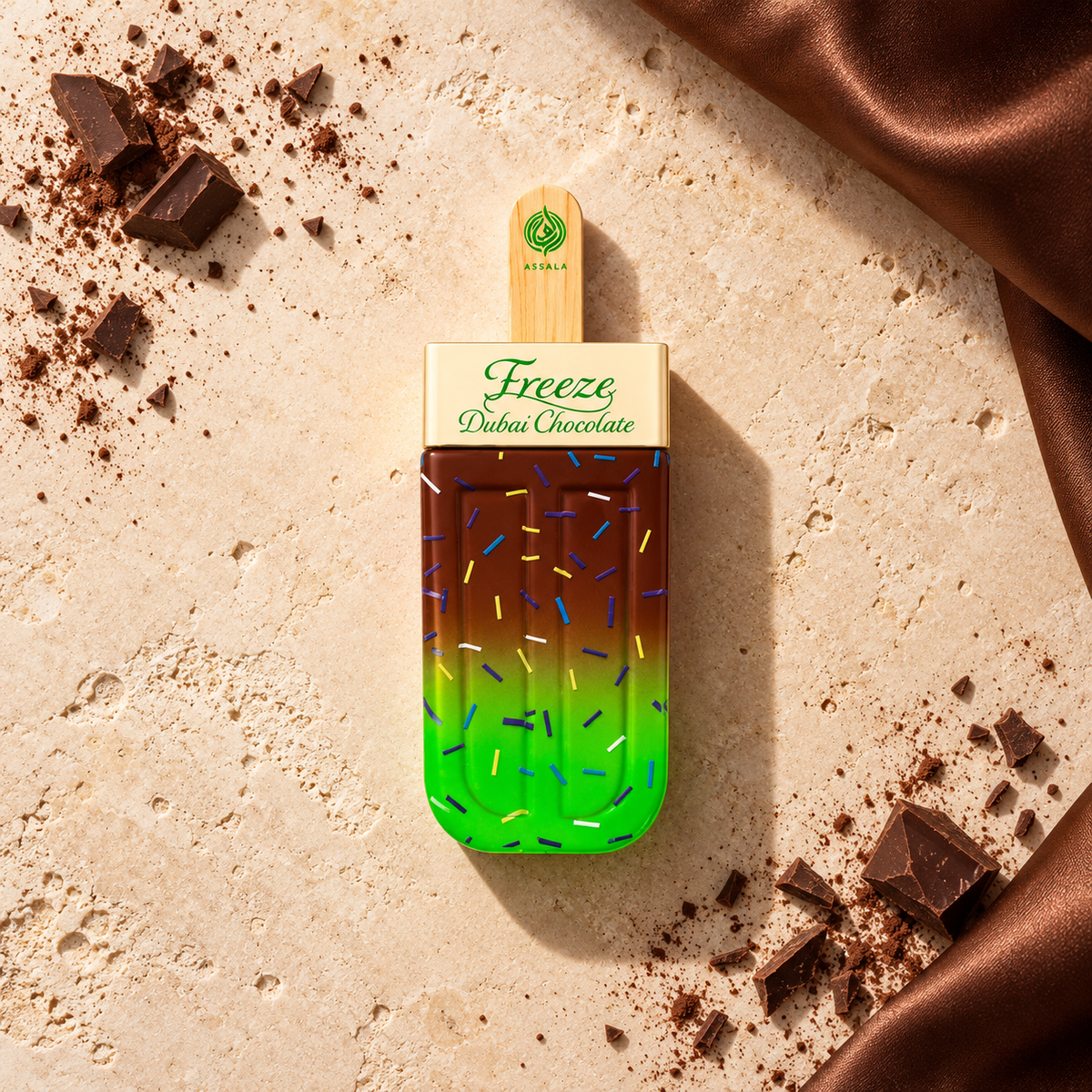 Assala Prime Freeze Dubai Chocolate 85 ml – parfém v prostředí, pohled shora s bočním stínem
