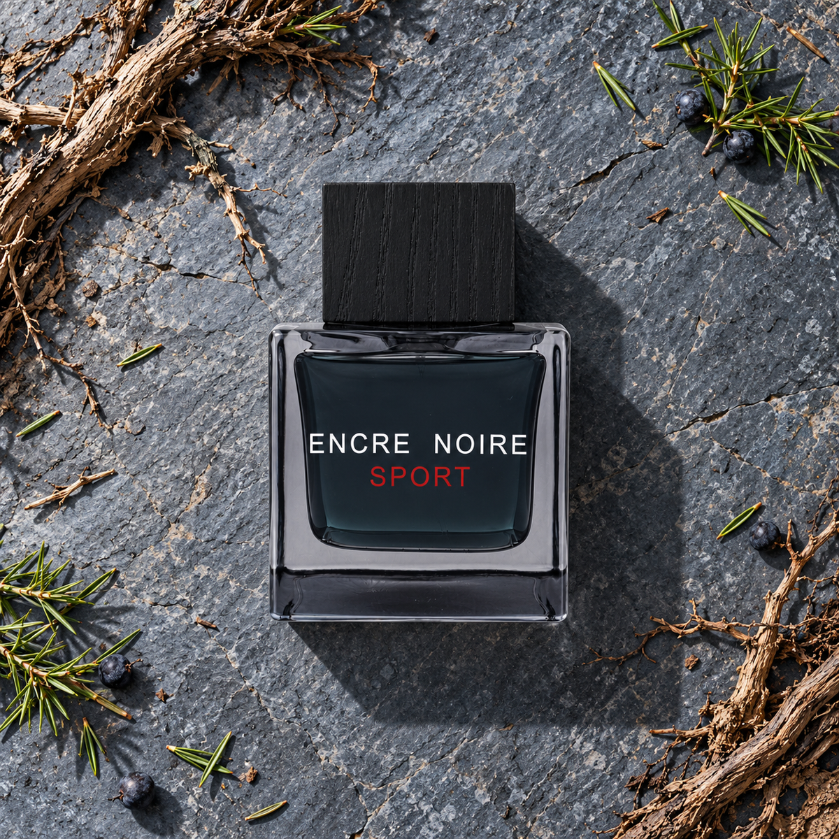 Lalique Encre Noire Sport EDT 100 ml – parfém v prostředí, pohled shora s bočním stínem