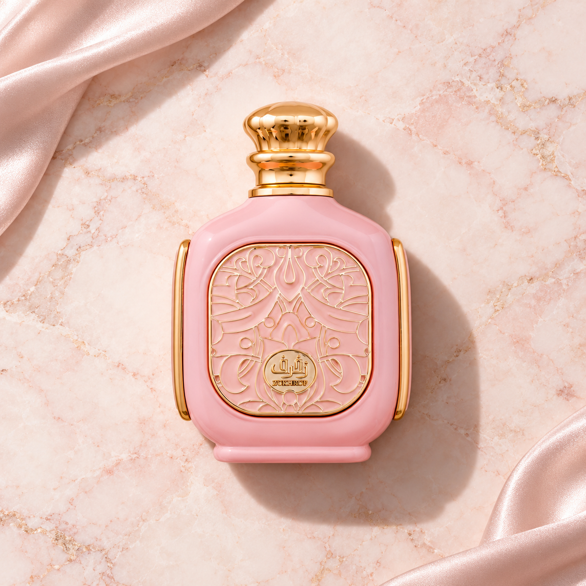 Zimaya Zukhruf Pink EDP 100 ml – parfém v prostředí, pohled shora s bočním stínem