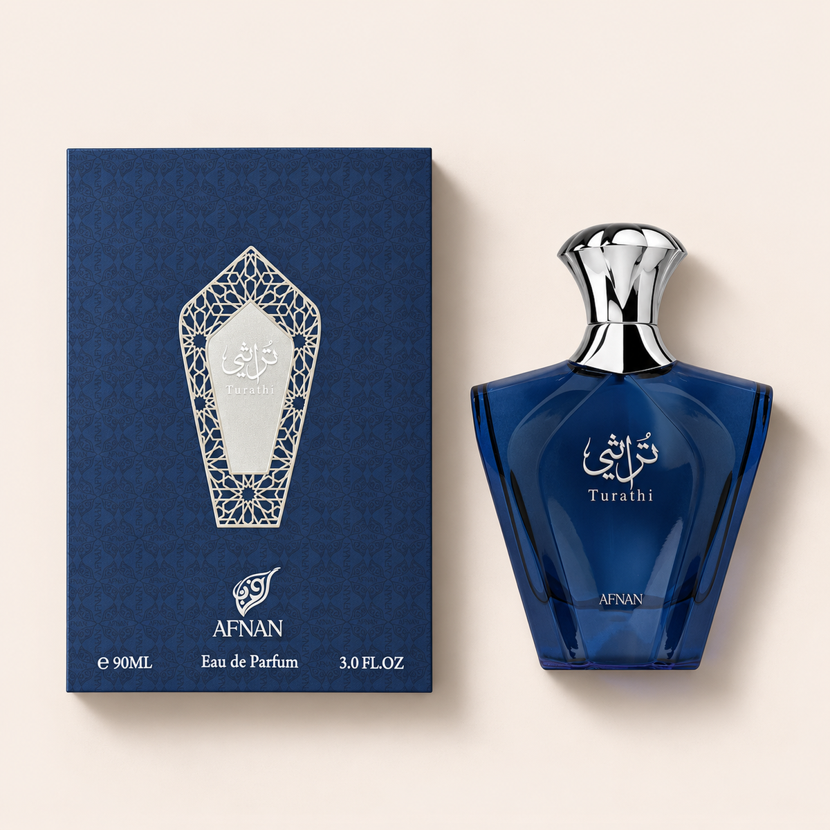 Afnan Turathi Blue EDP 90 ml – flakon s originálním obalem na béžovém pozadí, pohled shora