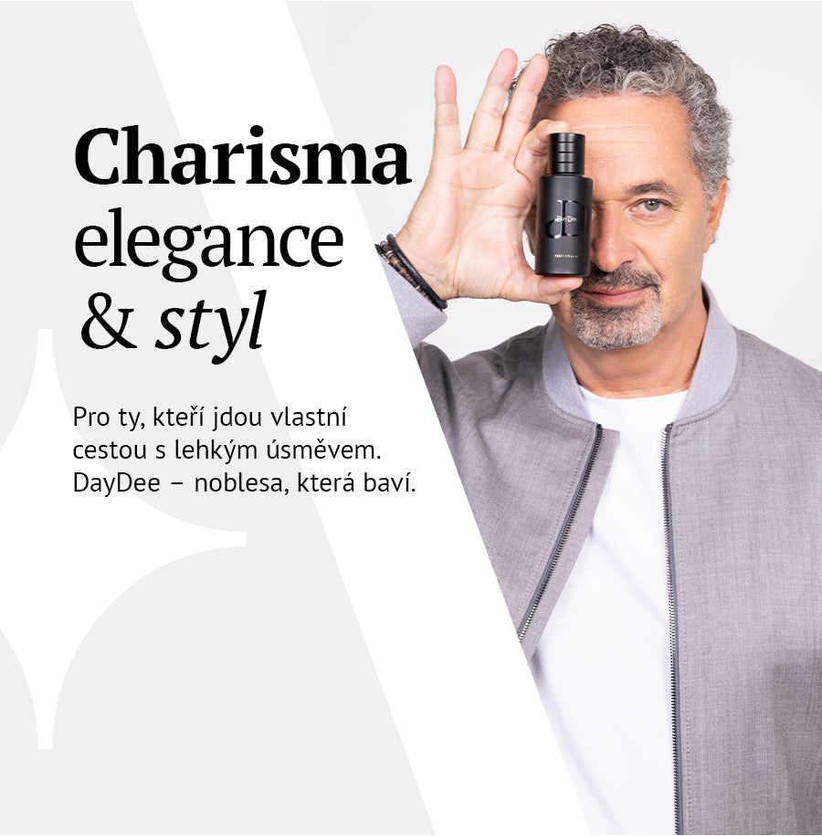 Reklamní banner DayDee s mužem, flakonem a heslem Charisma, elegance a styl – MrRizz