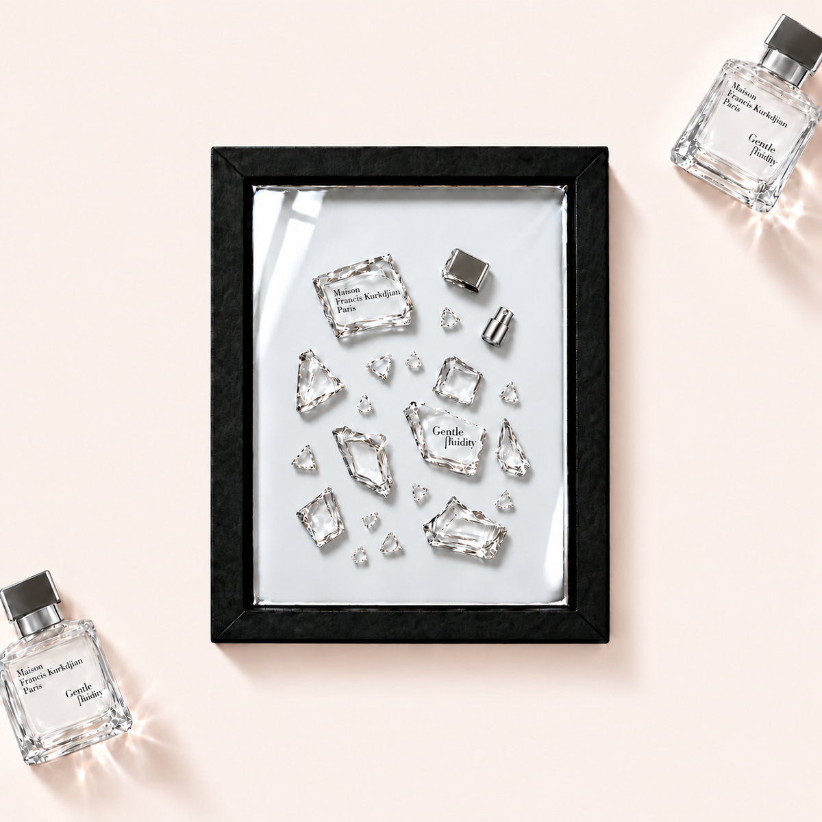 Parfemovy obraz Maison Francis Kurkdjian Gentle Fluidity Silver v cernem ramu - ilustracni fotografie