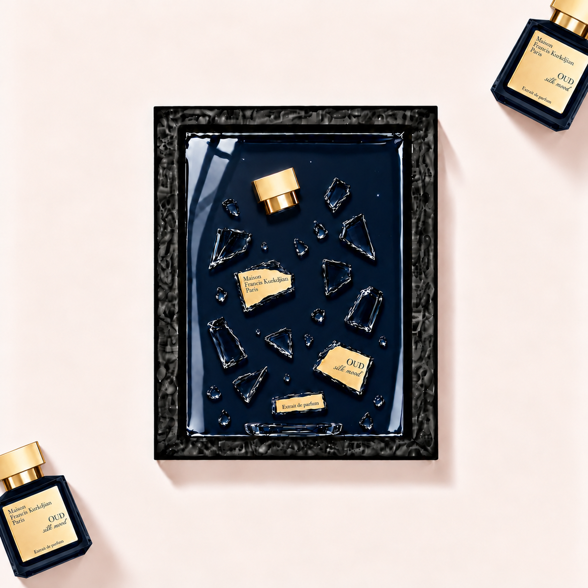 Parfemovy obraz Maison Francis Kurkdjian Oud Silk Mood Extrait v cernem ramu - ilustracni fotografie
