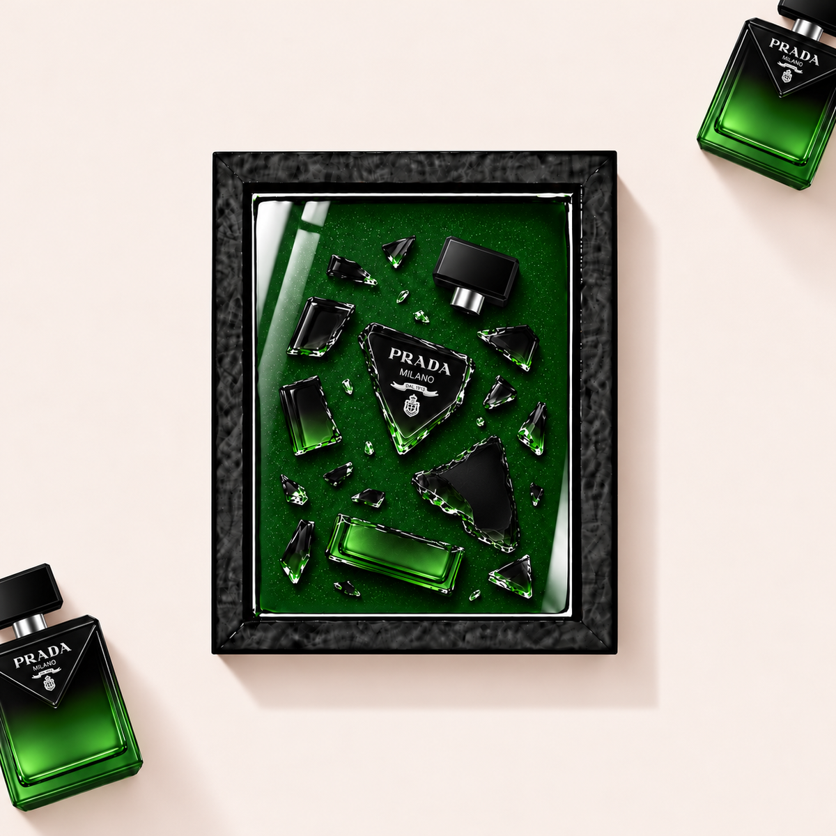 Parfemovy obraz Prada Paradigme Le Parfum v cernem ramu - ilustracni fotografie
