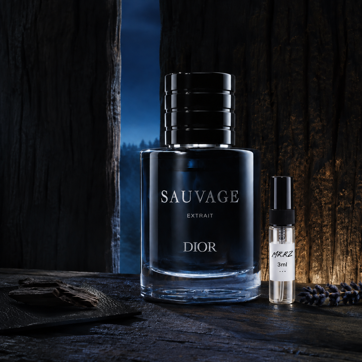 Dior Sauvage Extrait – původní prostředí s lahvičkou vzorku MrRizz
