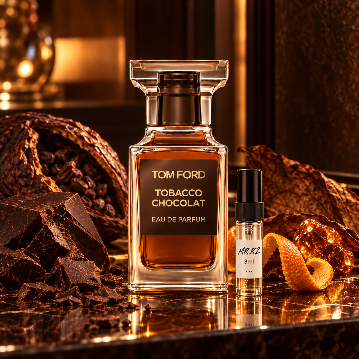Tom Ford Tobacco Chocolat – původní zátiší doplněné 3ml vzorkem MrRizz