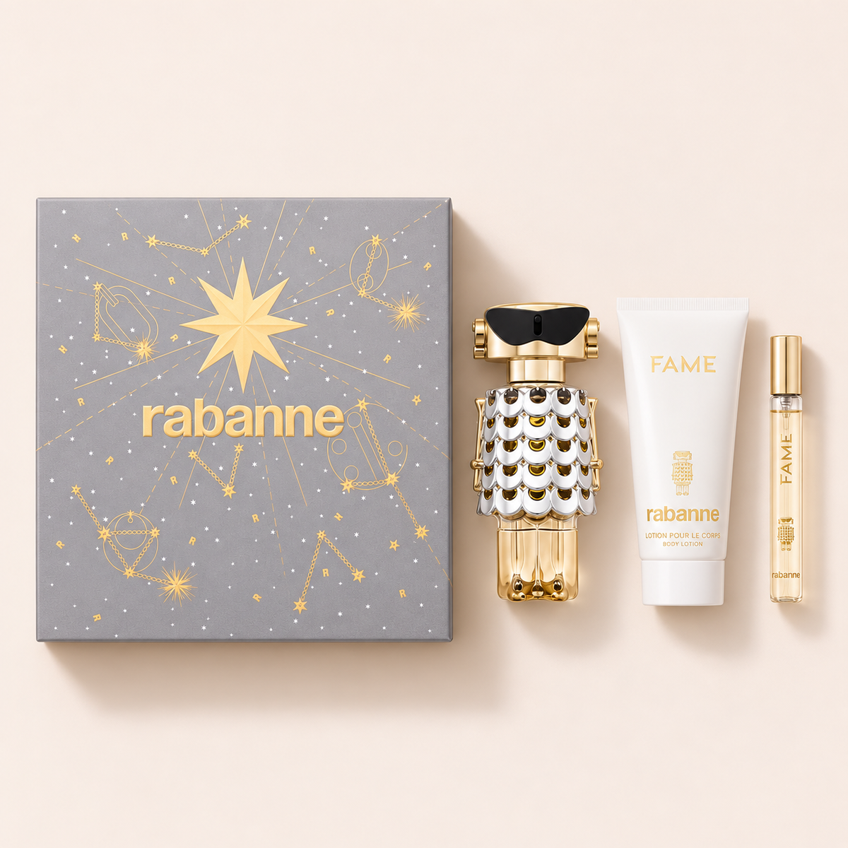 Dárková sada Rabanne Fame EDP 80 ml, EDP 10 ml a tělové mléko 100 ml na béžovém pozadí – MrRizz