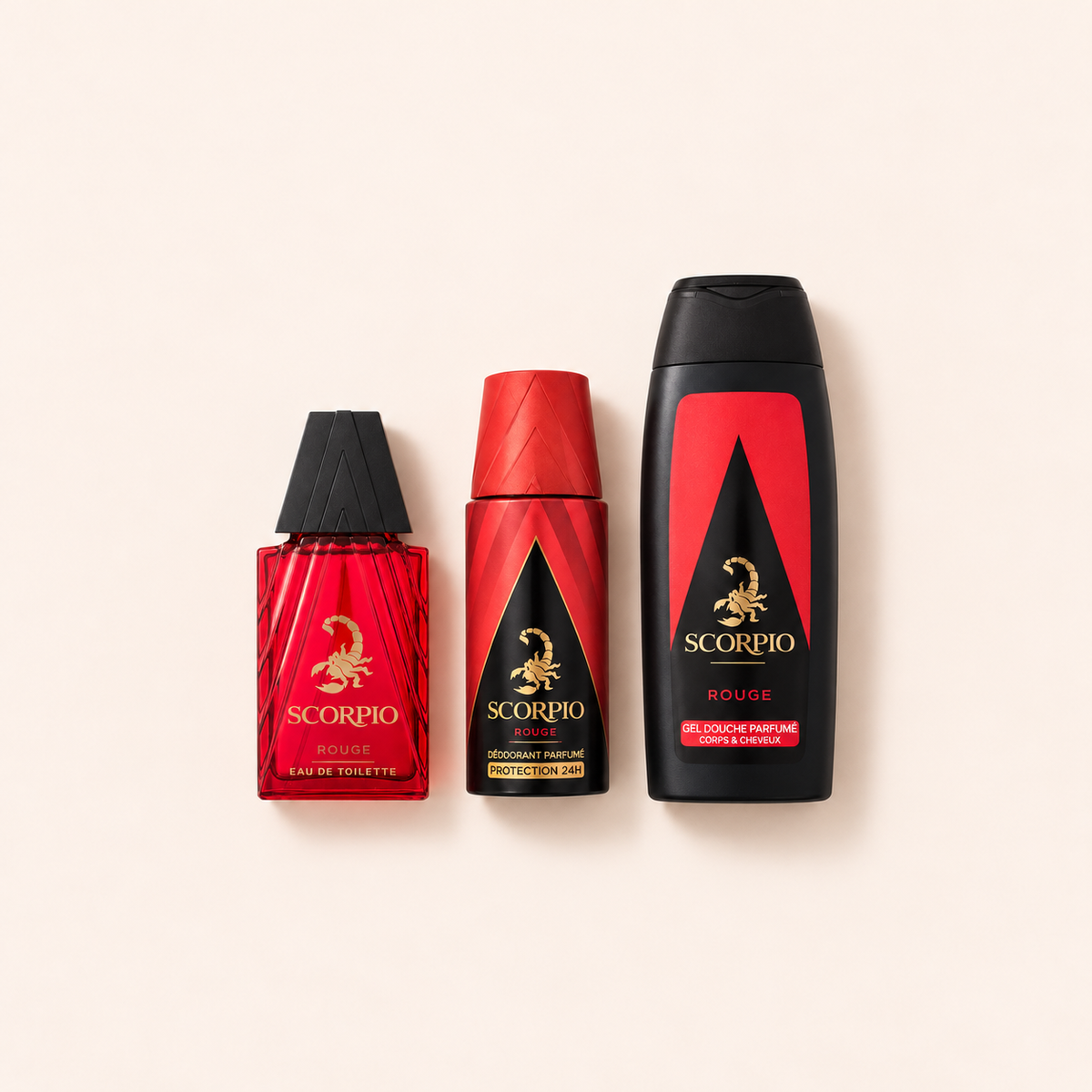 Scorpio Rouge – sada Eau de Toilette 75 ml, deodorant 150 ml a sprchový gel 250 ml – poškozená krabička