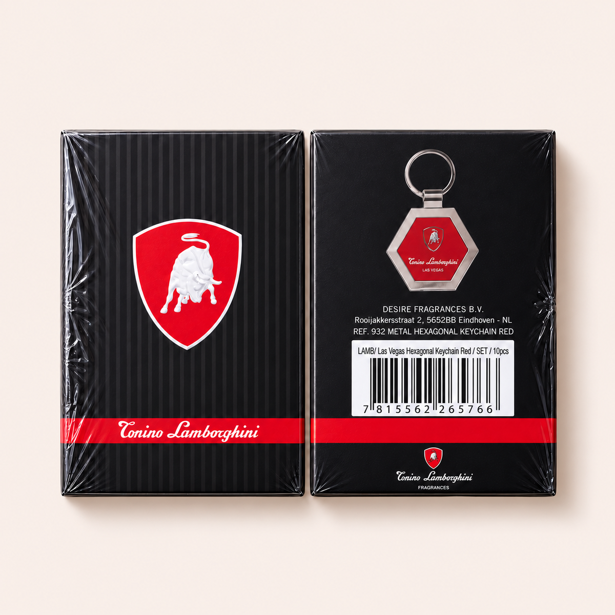 Lamborghini Las Vegas Keychain Set – kovový šestihranný přívěsek s červenou plochou, balení 10 kusů – MrRizz