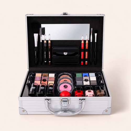 2K All About Beauty Train Case 60,2 g – otevřený stříbrný kosmetický kufřík