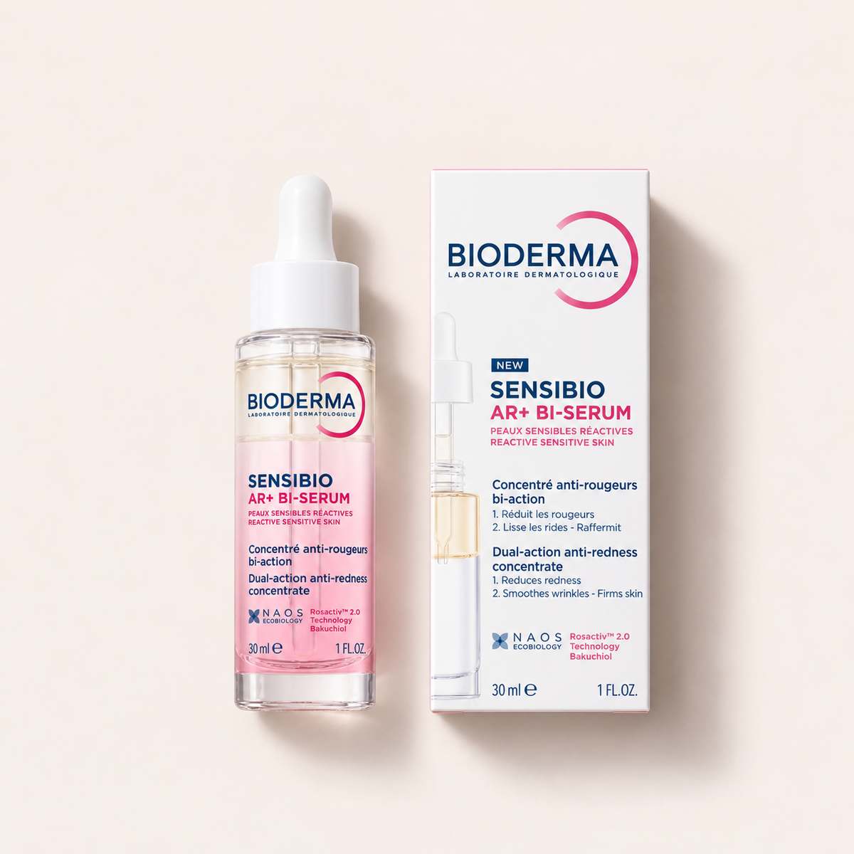 BIODERMA Sensibio AR+ Bi-Serum 30 ml – výrobek s odpovídajícím obalem vleže – MrRizz