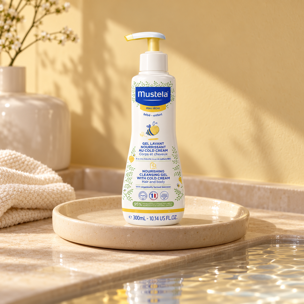 Mustela Bébé Nourishing Cleansing Gel with Cold Cream 300 ml – atmosférická fotografie – MrRizz